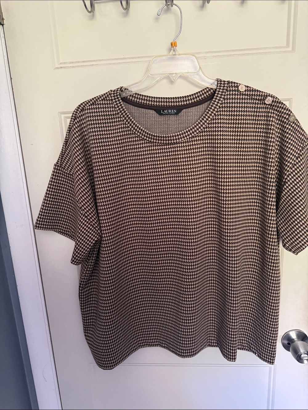 Lauren Ralph Lauren Brown and Black Houndstooth Short Sleeve Top